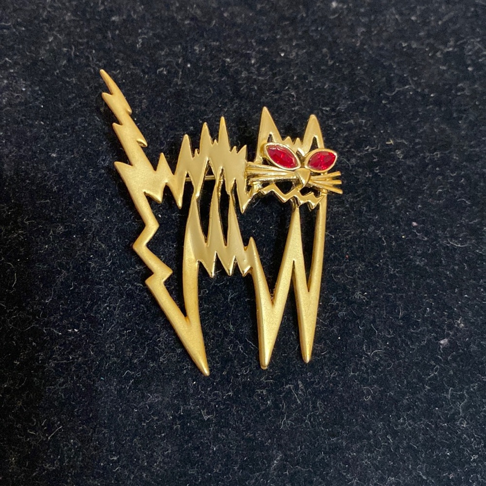 Vintage Cat Red Rhinestones Eyes Brooch marked A.J.C